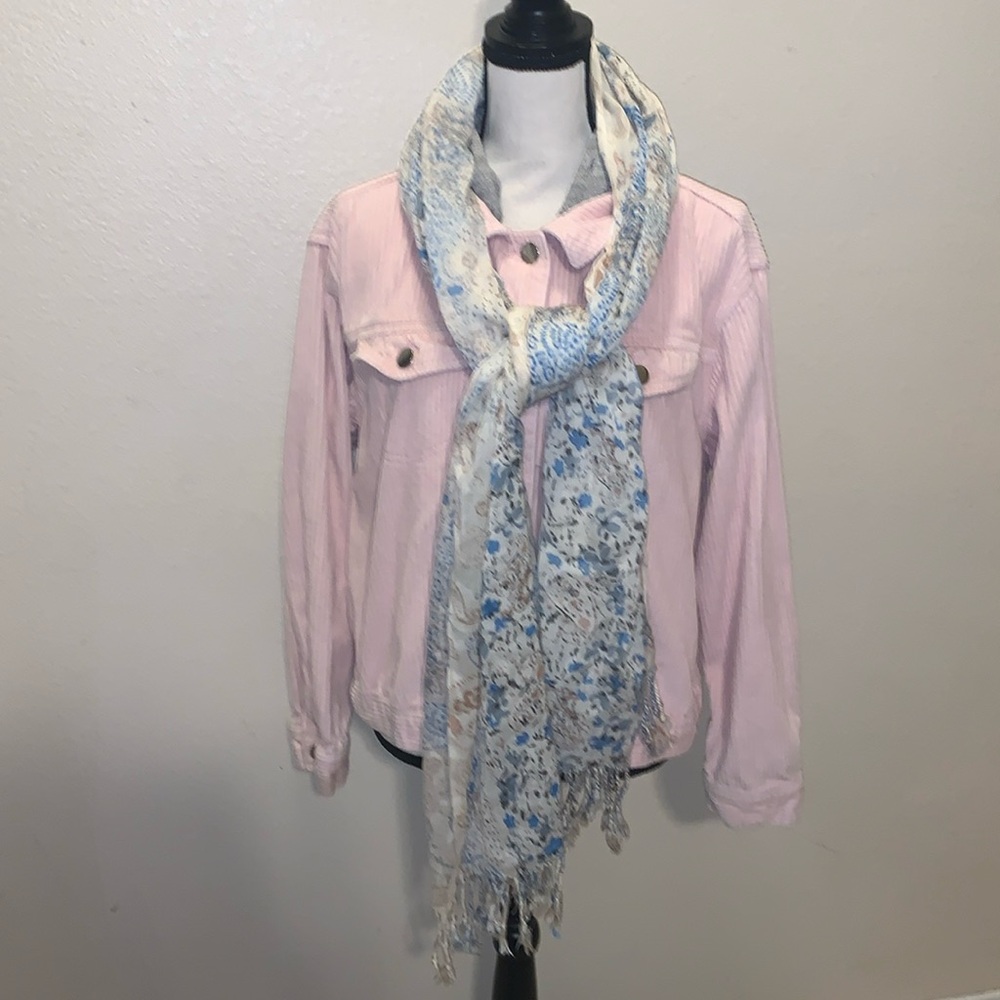 Vanity floral paisley print lightweight fringe scarf beige blue